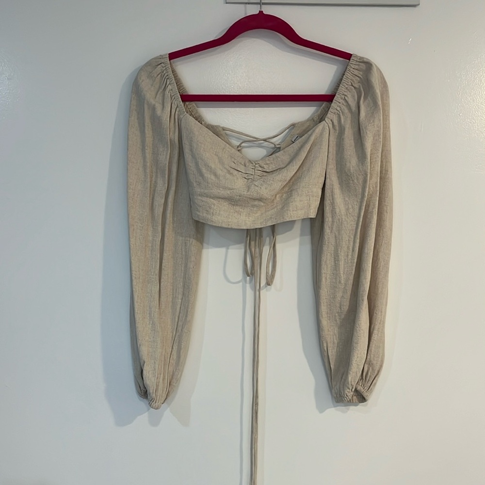 Adika crop muslin long sleeve blouse with tie back